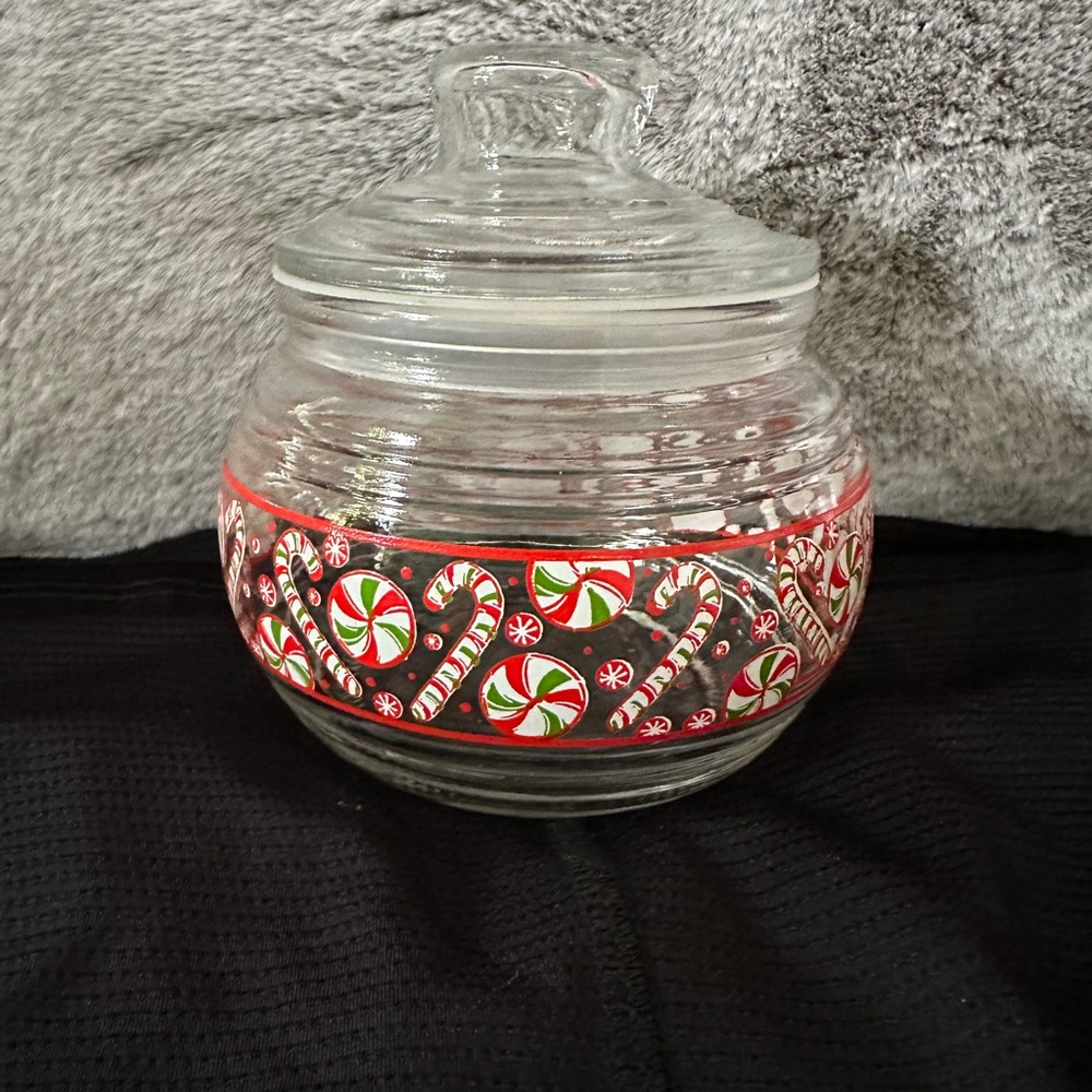Vtg Christmas Glass Covered Candy Jar Peppermints & Candy Canes KIG Indonesia